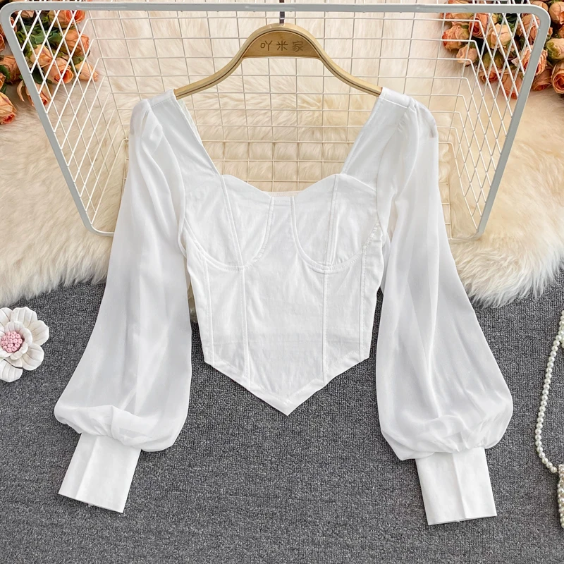 Puff Long Sleeve Shirt  Women Spring Autumn New Korean Chic All-Matched Solid Square Collar Blouse Fashion Irregular Short Top