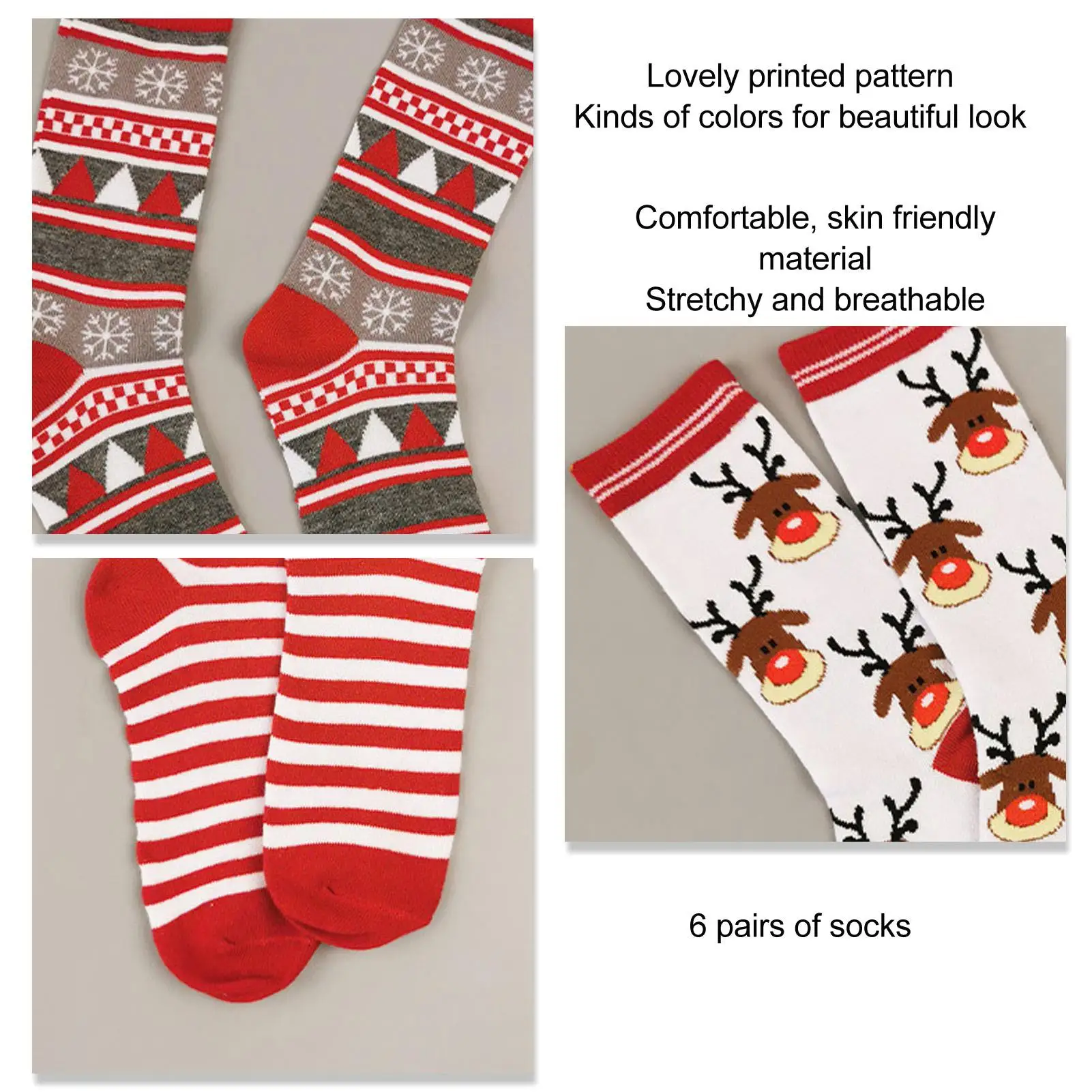 6 Paar bunte Weihnachtssocken mit bedruckten Mustern, warme, hautfreundliche Urlaubsaccessoires, freie Größe, Geschenkdekoration