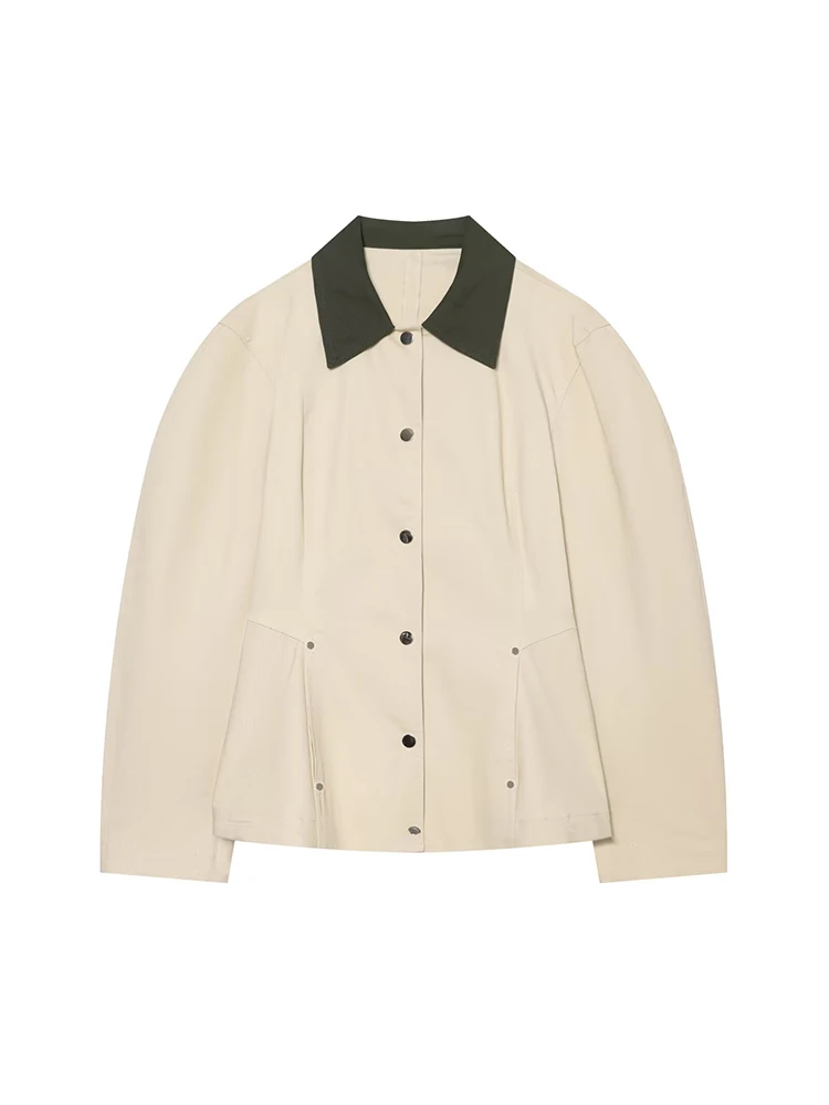 TFMLN Women Contrast Collar Jacket Spring Autumn Fashion Single Breasted Outerwear Casual Style Long Sleeve Vintage Streetwear