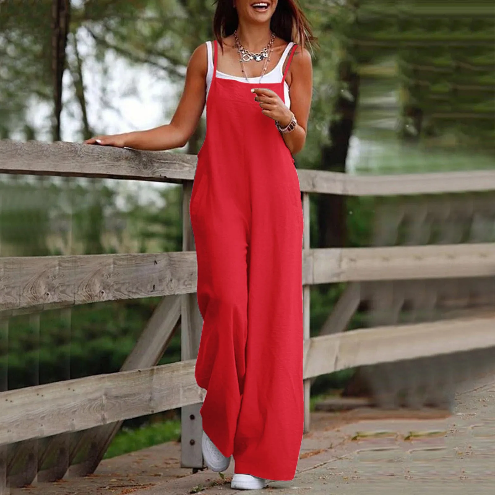 Women's Casual Jumpsuit Comfortable Solid Color Sleeveless Shoulder Strap Loose Long Wide Straight Leg Pocket Summer Fashion