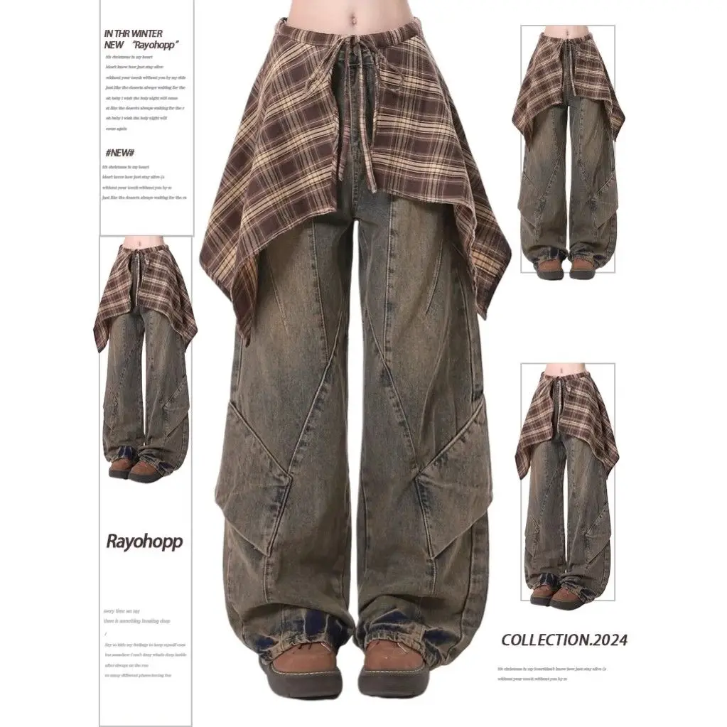 

American Vintage Jeans for Women Fake Two Pieces with Skirt Autumn New Loose Spicy Girl Streetwear Straight Wide Leg Pants