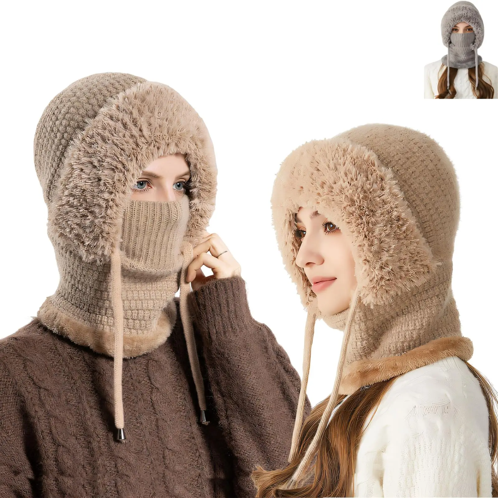 

3-in-1 Beanie Hat for Women, Fleece-Lined Knitted Balaclava with Scarf & Mask, Windproof Winter Hat for Skiing & Hiking