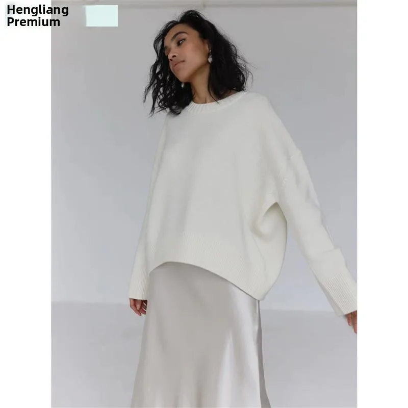ゆったりとしたカジュアルなニットセーター、長袖、ラウンドネック、無地、秋冬新作、多用途で快適なニットウェア