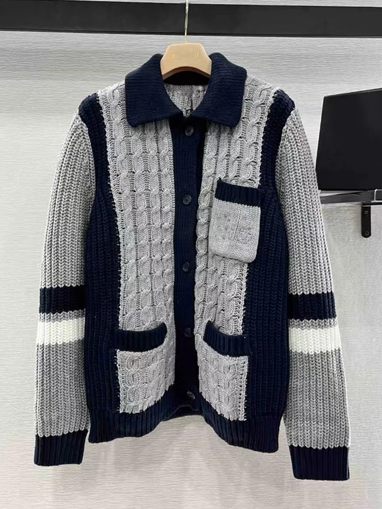 Vintage Twistการจับคู่สีLapel Zipper Cashmere Cardigan 2024 ฤดูใบไม้ร่วงผู้หญิงใหม่แฟชั่นAll-Matchตรงถักเสื้อ