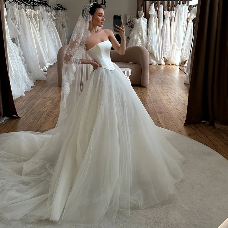 

Simplicity Wedding Dress Organza With Satin A-Line Ball Gown Strapless Sleeveless Customized Bride Dress Button Vestido De Novia