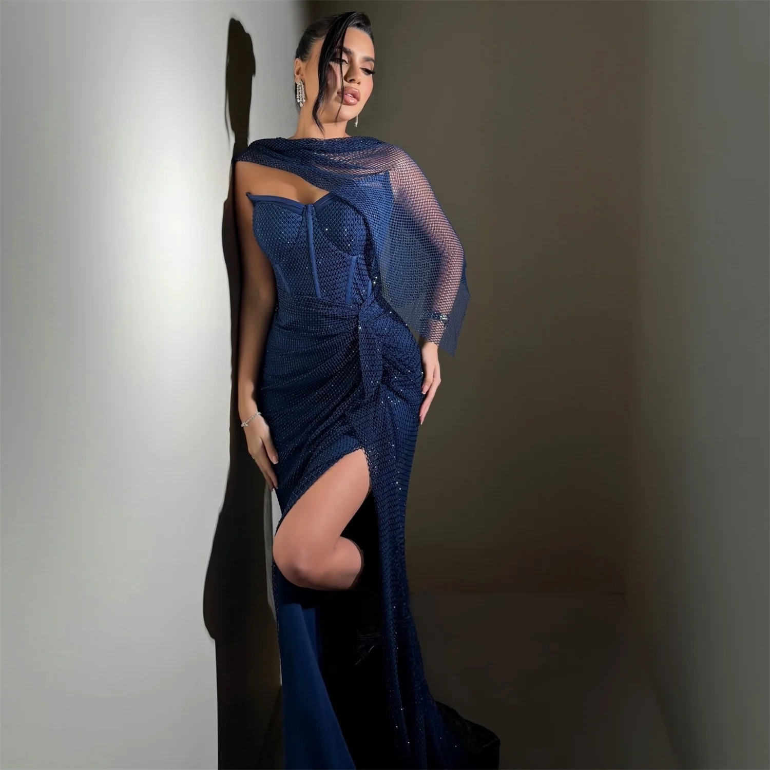 ED Sequined Evening Dress Women Elegant European Design Navy Formal Events Party Customized Robes de Soirée New Collection