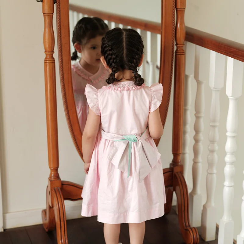 Smocking Hand Embroidery Pink Fashion New In Baby Kids Clothes Girls Cotton Dresses Children Clothing Summer Dress Vestidos