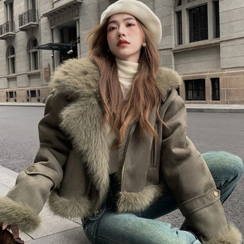 

Женские пальто, однотонная куртка, сращенный карман на молнии, длинный рукав, отложной воротник, толстая свободная посадка, повседневная уличная одежда, осень-зима 2023 г.