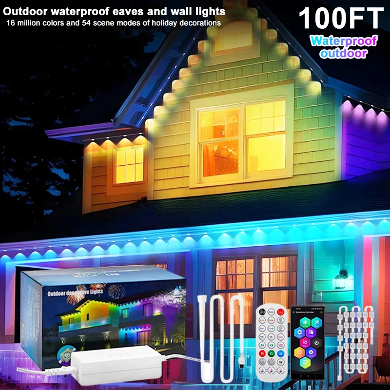 

30M RGB Eaves LED Lights Permanent Outdoor Lights String APP Bluetooth Permanent holiday Lights Full House Party Wedding Light