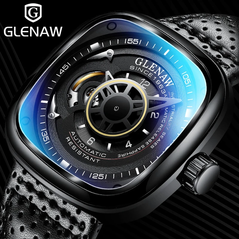 GLENAW Design Mechanical Watch For Men Fashion Business High Quality Leather Automatic Watches Square Stainless Steel Clock+Box