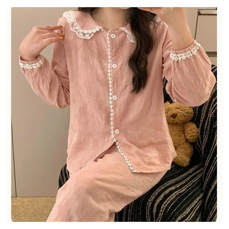 

Корейский милый комплект домашней одежды для девочек с рюшами и кружевным воротником-стойкой: пижамный комплект с длинными рукавами и брюками средней длины, одежда для дома и отдыха