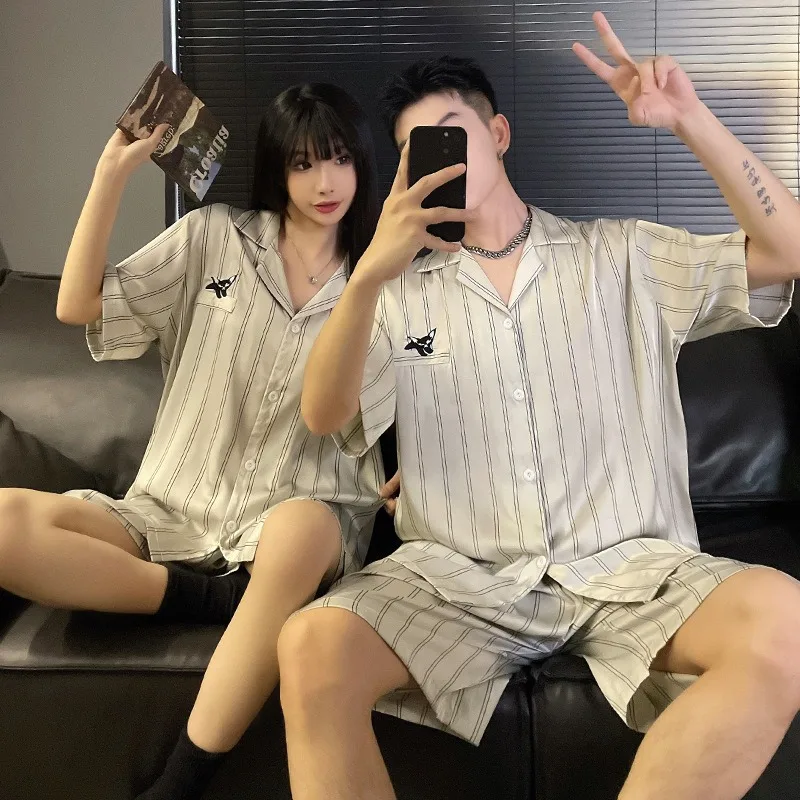 Korean Couple Pajamas Suit Men Women Summer Ice Silk Thin Sleepwear Short-sleeved Home Clothing Lovers Loungwear Male Female