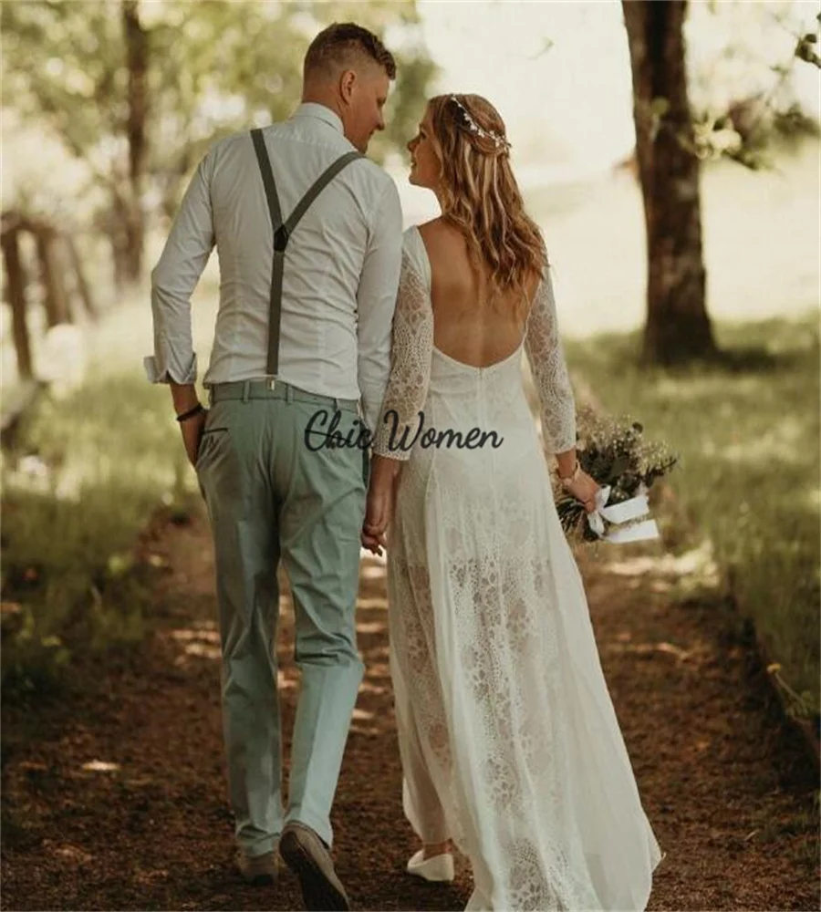 

Hippie Crochet Lace Boho Wedding Dress Plus Size Long Sleeve Civil Garden Rustic Country Bride Dresses Backless Bohemian Bridal