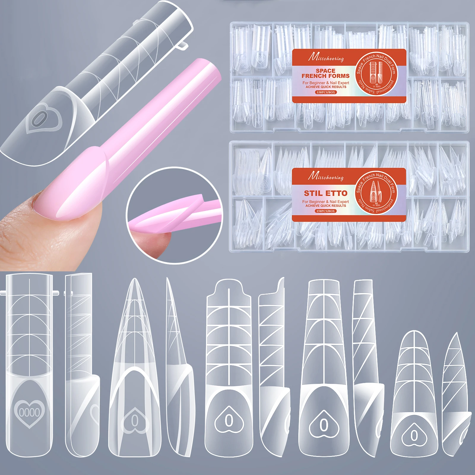 150pcs French Space Nail Dual Forms Quickly Building Nail Forms for Poly Gel Extension Reusable Fake Nail Tips For Home Salon