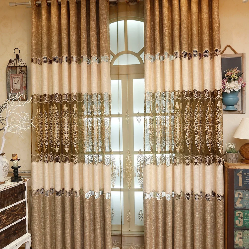 Chinese Brown Embroidered Cotton Linen Curtains Window For living Room Bedroom Tulle Curtains Drapes Decoration