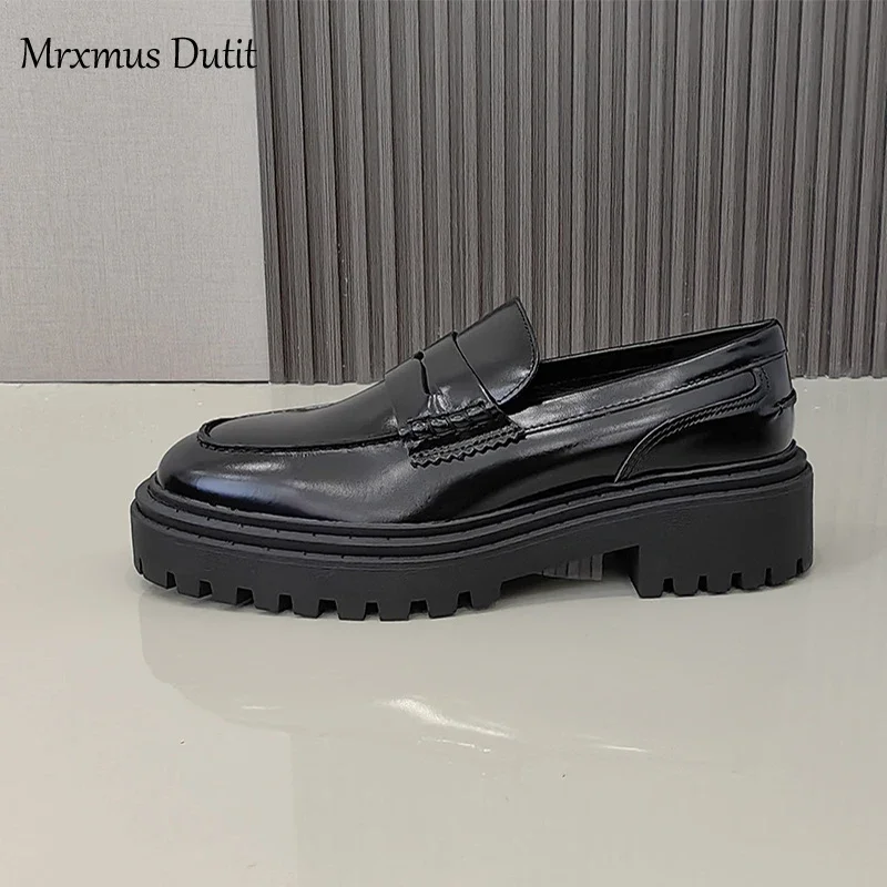 Mrxmus Dutit 2024 New Women Genuine Leather Round Head Thick Loafer Shallow Black Wild Casual Simple Slip-on Shoes Female Chic