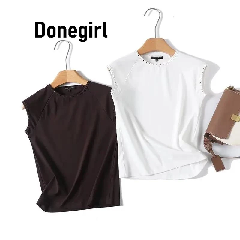 

Donegirl Women 2025 Summer New Chic Fashion Leisure Rivet Ornament T Shirts O-Neck Sleeveless Stretchy Vest Tees