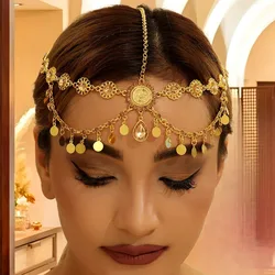 Indian Head Chain For Women Arabic Gold Color Coins Tassel Bridal Rhinestone Hair Chain Headdress Wedding Accessories Headpiece