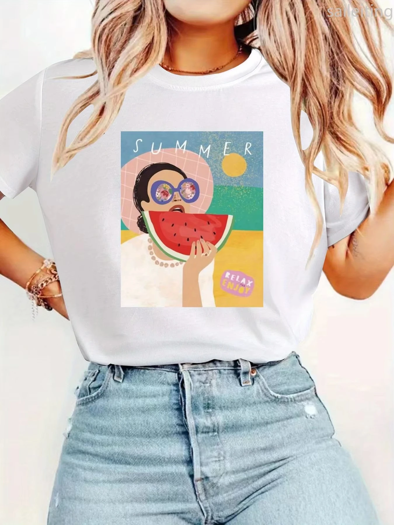 

Женская черная чистая футболка, дышащая летняя с рисунком арбуза, повседневная повседневная рубашка для женщин с круглым вырезом, свободные стили