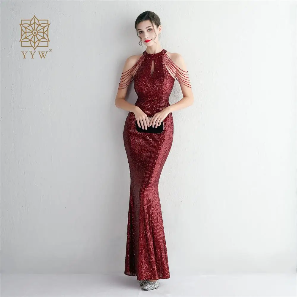 Robe de Soirée Longue et Ajourée à Paillettes pour Femme, Tenue de Club à Perles, Style Sirène, Rouge