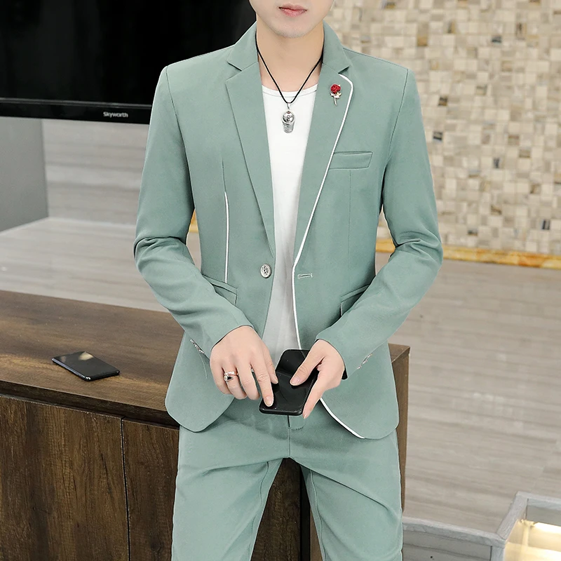 

Casual Slim Fit Men's Suit Korean Sle Busin Formal Wedding Guest Chic Briti Sle Small Suit Jaet Long Sve Polyester