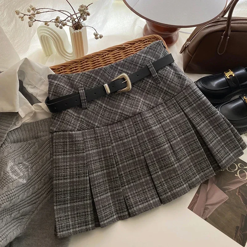 Faldas plisadas Vintage a cuadros con cinturón para mujer Y2K Otoño Invierno falda acampanada coreana combinable con todo Minifalda informal de cintura alta E10855