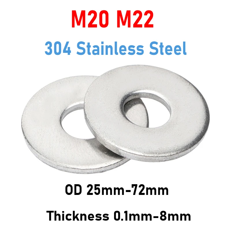 M20 M22 304 Stainless Steel Flat Washer Circular Enlarged And Thickened Metal Washer OD 25mm-72mm Thickness 0.1mm-8mm
