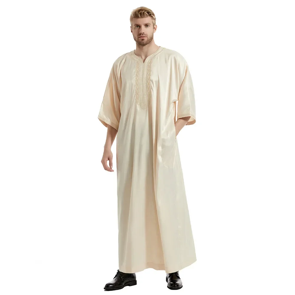 Vestido musulmán de satén a rayas para hombre Abayas Dubai Kaftan informal bata islámica de manga corta árabe Jubba Thobe Medio Oriente Eid Ramadán