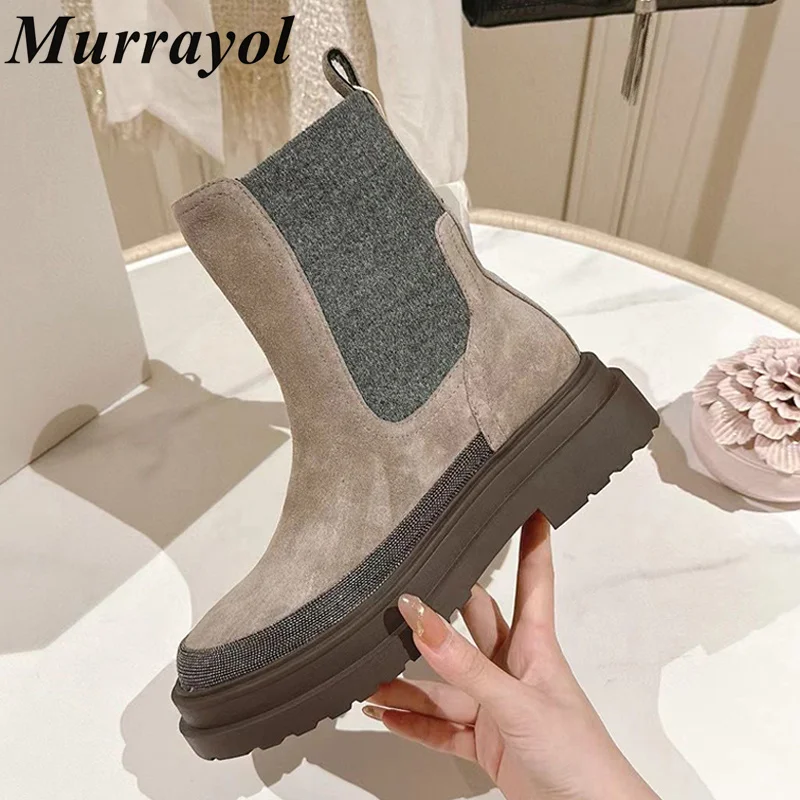 

New Round Toe String Bead Decor Flat Short Boots Women Cow Suede Splicing Lace-up Ankle Botas Autumn Winter Retro Modern Boots