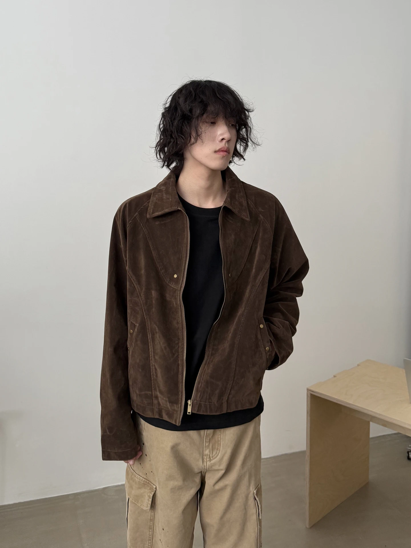 

Американский замшевый ретро-воротник Jaet Свободная повседневная верхняя одежда ex Youth Culture из полиэстера Thiened на молнии Clo...