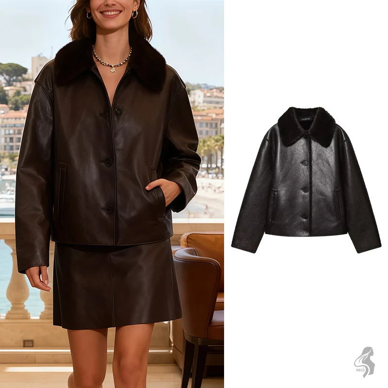 

Двустороннее короткое пальто из искусственной кожи с меховым воротником, однобортная свободная куртка, осенне-зимняя роскошная повседневная женская одежда