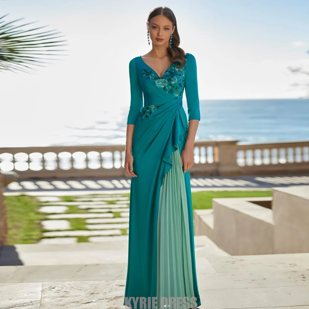 Customzied Mother of The Bride Dresses 2026 3/4 Sleeves V Neck Pleated Flowers Applique Wedding Guest Evening Dresses for W
