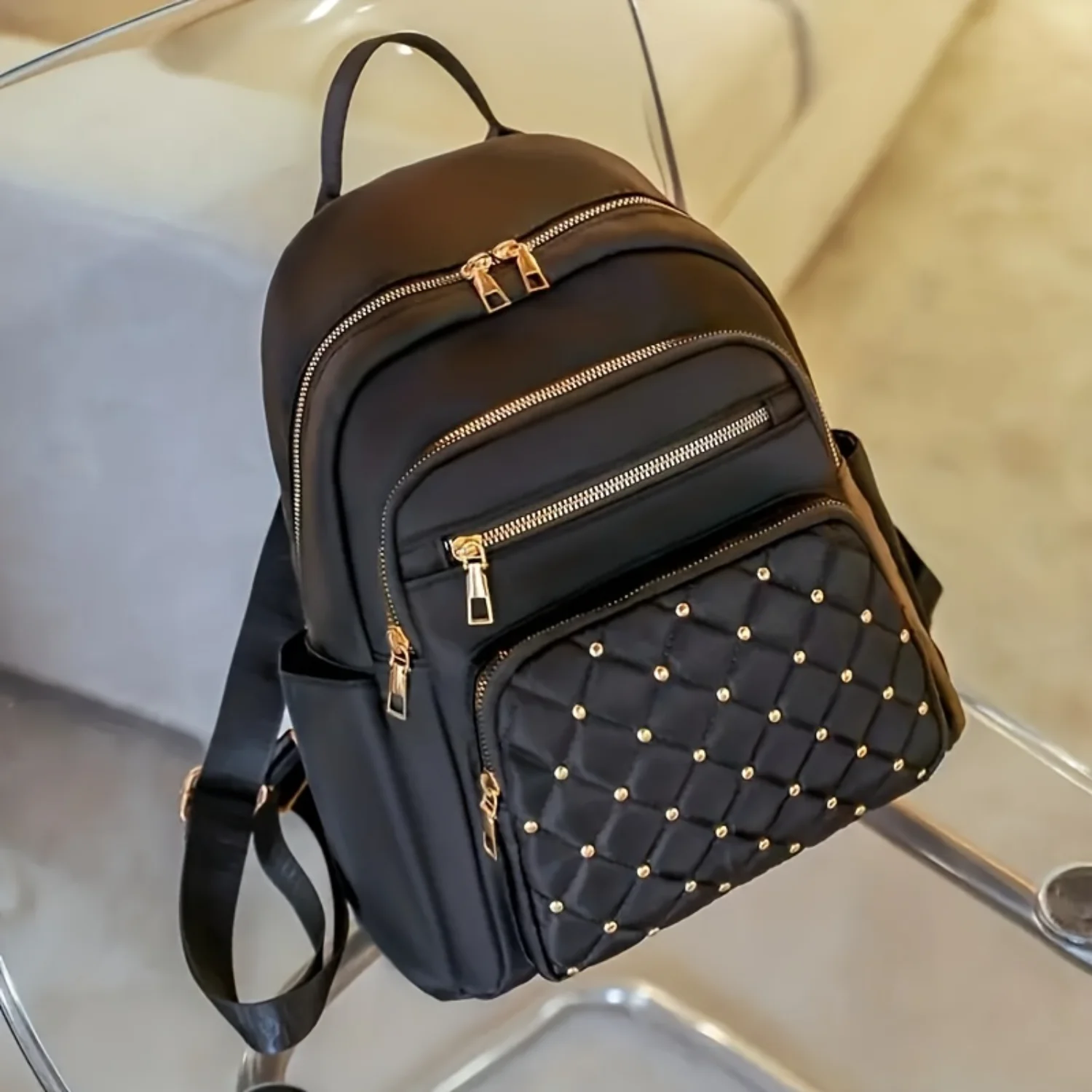 

Leisure Backapck, Argyle Pattern Rivets Decor Travel Daypack, Women's Trendy Backpack