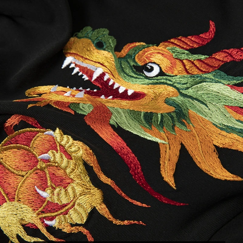 Lyprerazy National Tide Dragon Embroidery Short-sleeved T-shirt Summer Cotton Loose Men Tops Tees