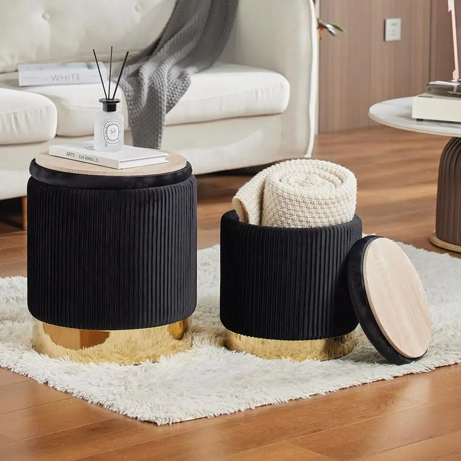 

Ottoman with Storage Set of 2 Upholstered Velvet Vanity Stool for Living Room Storage Ottomans Multifunctional Foot Rest Black w