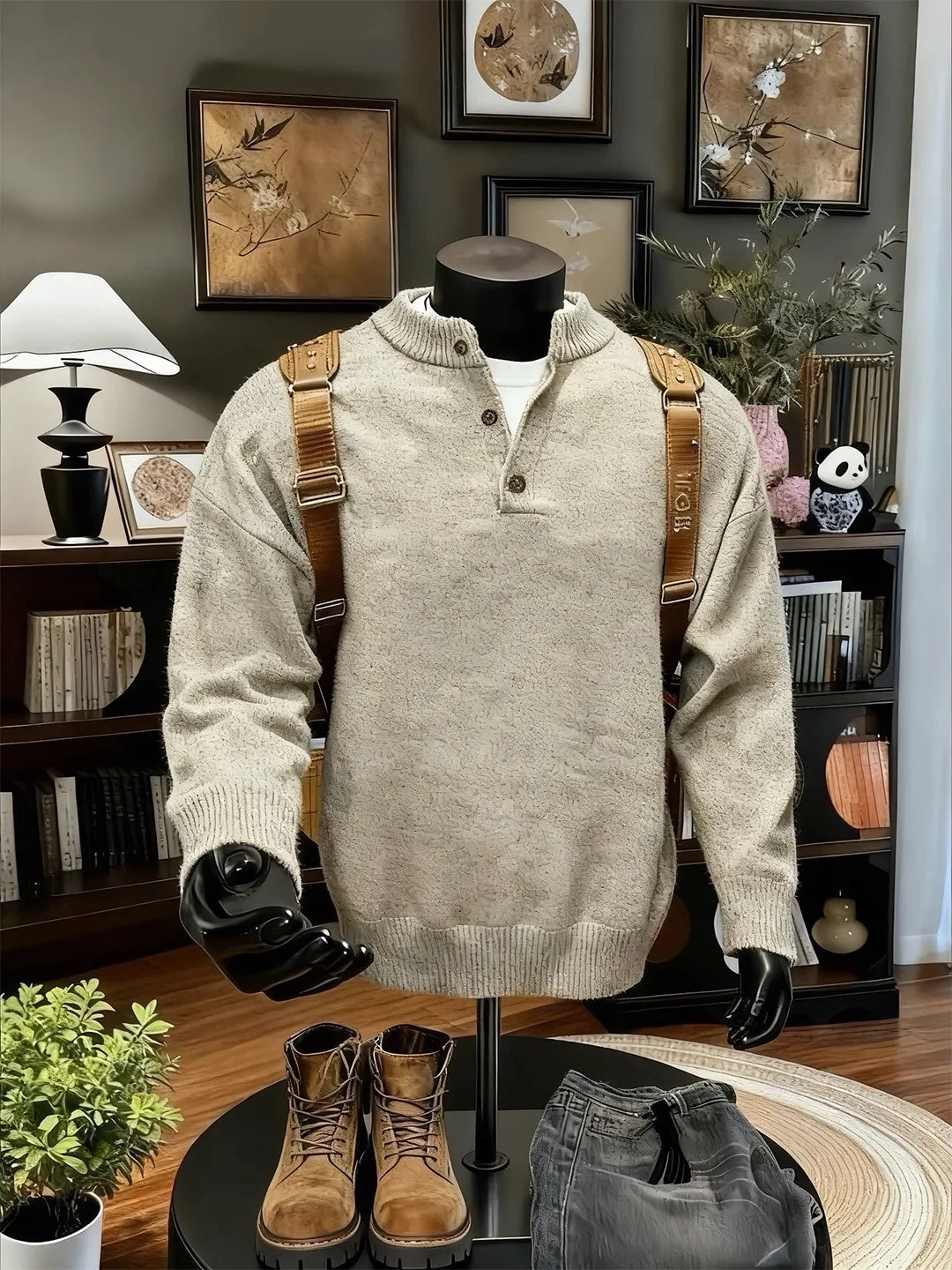 

ay American Sle Knitted Sweater Men's Heavyweight Fce Lined Soft Cozy Autumn Winter Inner Wear Base irt Henry Collar