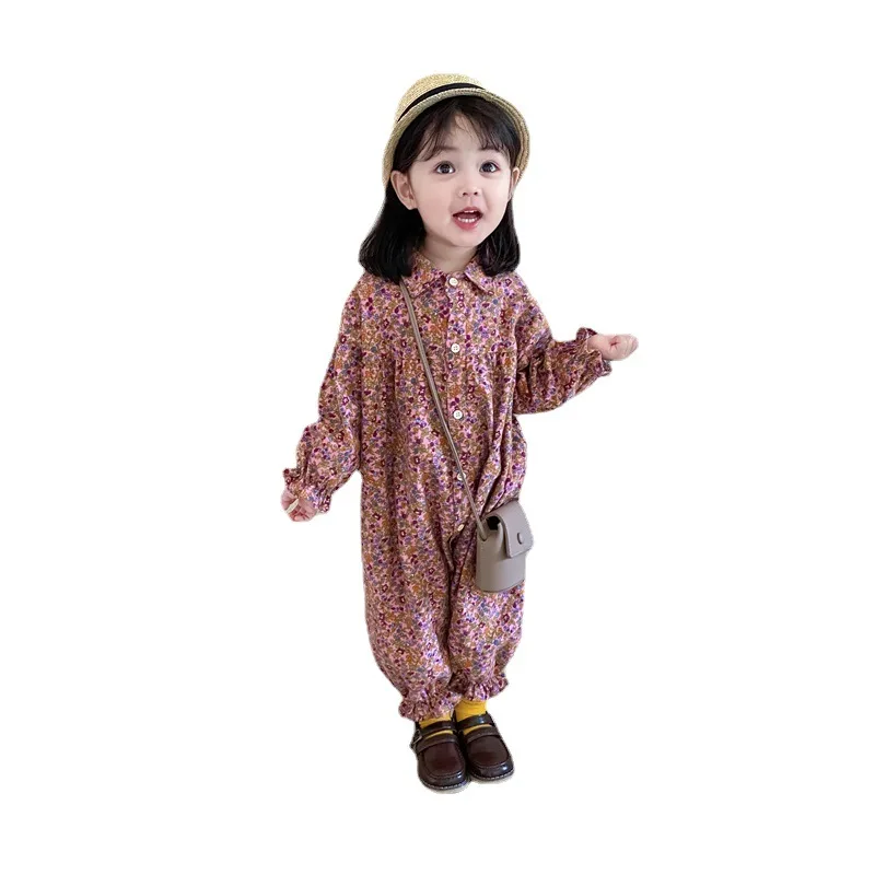 Girls Jumpsuit Flower Long Sleeved Jumpsuit 2024 Spring and Autumn New Sweet and Cute Childrens Baby Girl Clothes