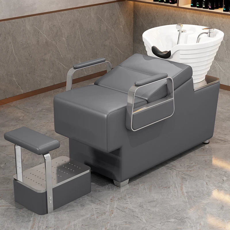 كراسي شامبو فاخرة لغرفة المعيشة كراسي شامبو لمستحضرات التجميل بذراع من جلد البولي يوريثان الحديث أثاث صالونات التجميل للاسترخاء أثاث صالونات الصالون المعدنية #2