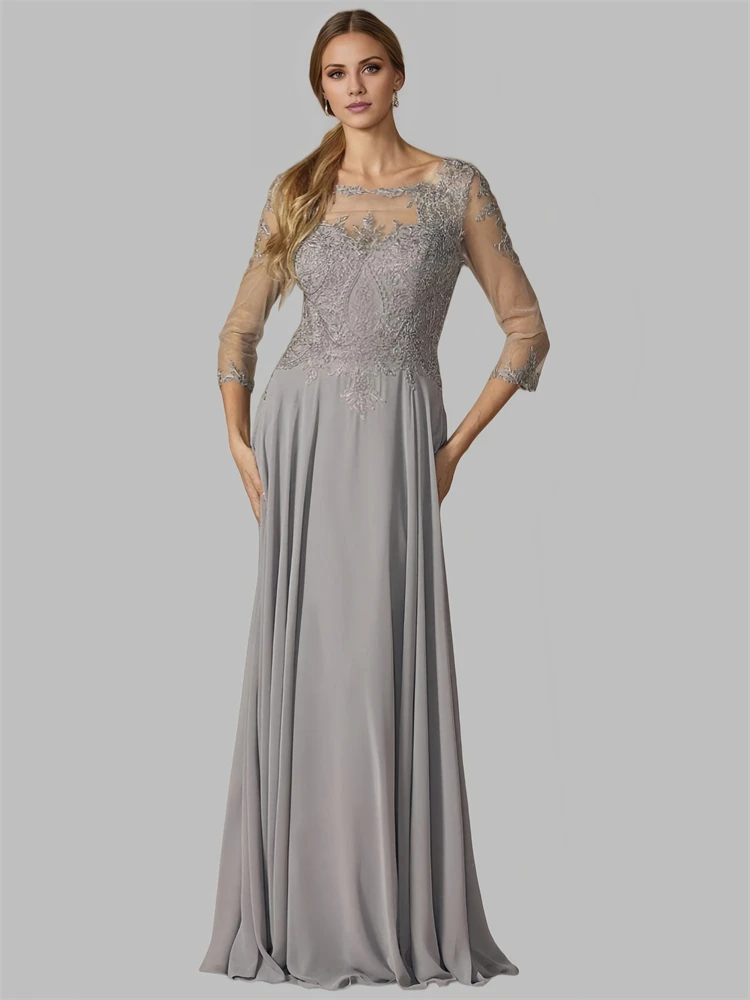 

3/4 Long Sleeve Lace Mother Bride Dress Elegant Chiffon Floor Length Gown Formal Wedding Guest Dresses Women Plus Size Available