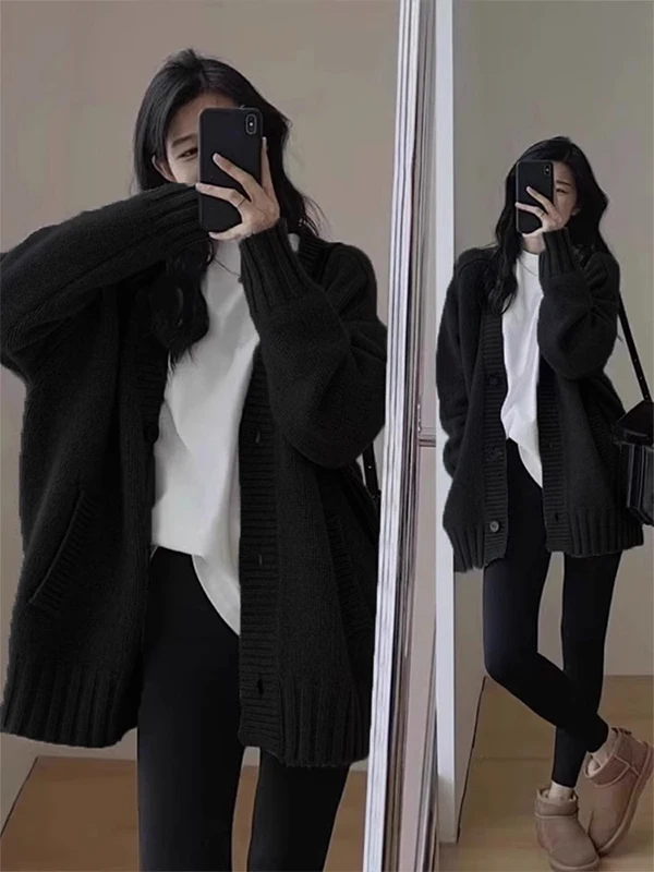 

Retro Japanese Sle Long Sve Knitted Open Cardigan Women's Autumn Winter Loose Lazy Mid-Length Thiened Sweater Jaet
