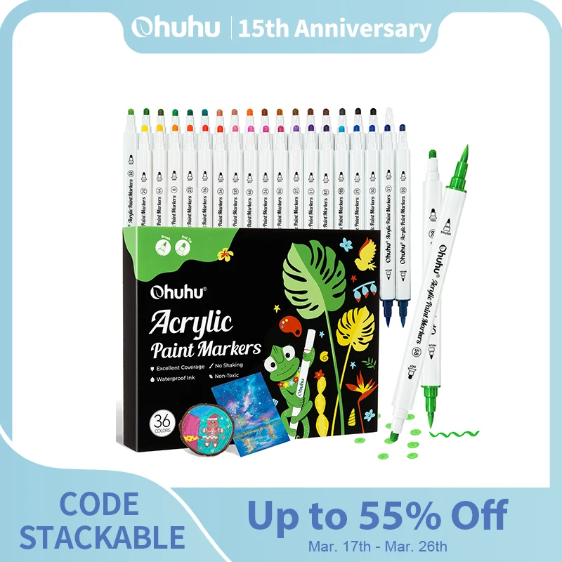 Ohuhu Acrylic Paint Markers Cotton Core 36 Colors Dual Tips Paint Pens High Opacity Acrylic Markers Waterproof Lightfast Drawing