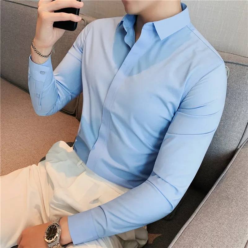 

Men Long Sleeved Shirt 2024 Autumn New Anti-wrinkle Soft Solid Casual Elastic Slim Fit Camisas Y Blusas Streetwear Men Clothing