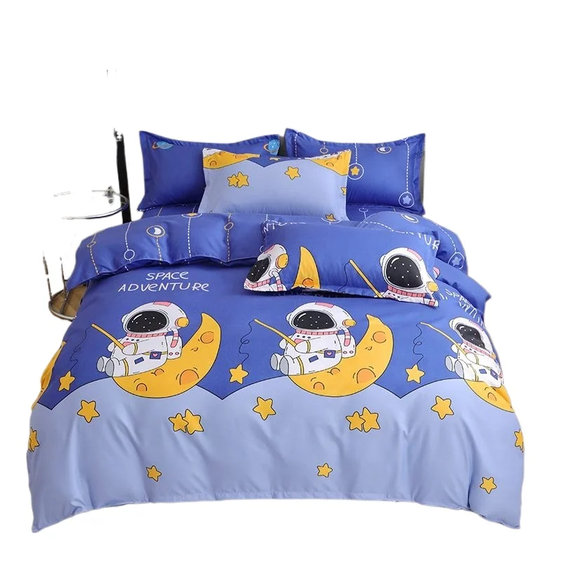 Cartoon Printed Bedding Set 4 Pieces Duvet Cover Bed Sheet Pillowcases Soft Queen Size for Kids Teens 1.5m Bed Dorm