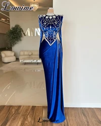Royal Blue Velvet Evening Dresses Mermaid Long Sleeves Formal Occasion Dresses With Crystals Muslim Wedding Guests Dresses
