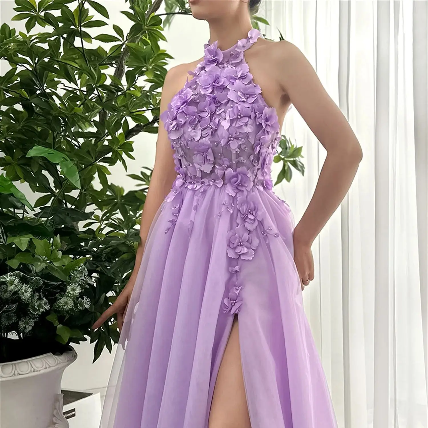 

Cindy 3D Flowers Halter Neck Side Slit Purple Sharon Happy Evening Dresses From Large David Wedding Dress Women Elegant Party