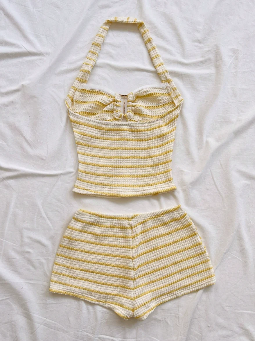 Summer striped halter neck waffle 2-piece knit set - a sexy beach outfit for a vacation vibe. - view 5