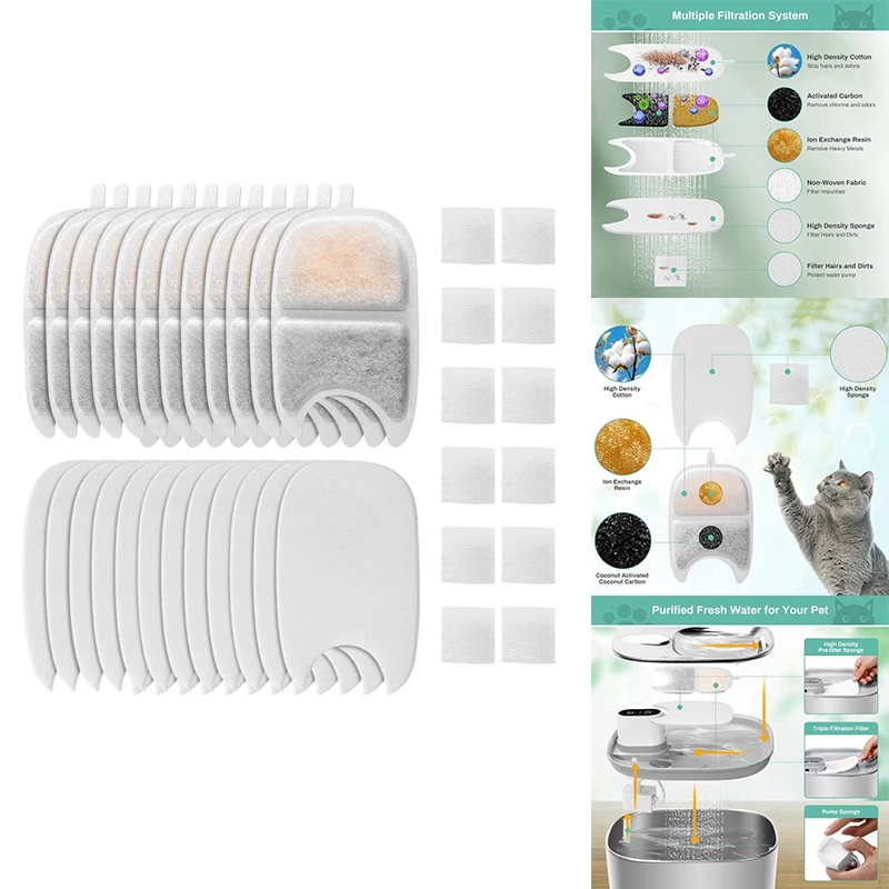 Replacement Filters&Sponges For 135 Fl Oz/4L Cat Water Fountain Filter Triple Filtration Pet Fountain Filter