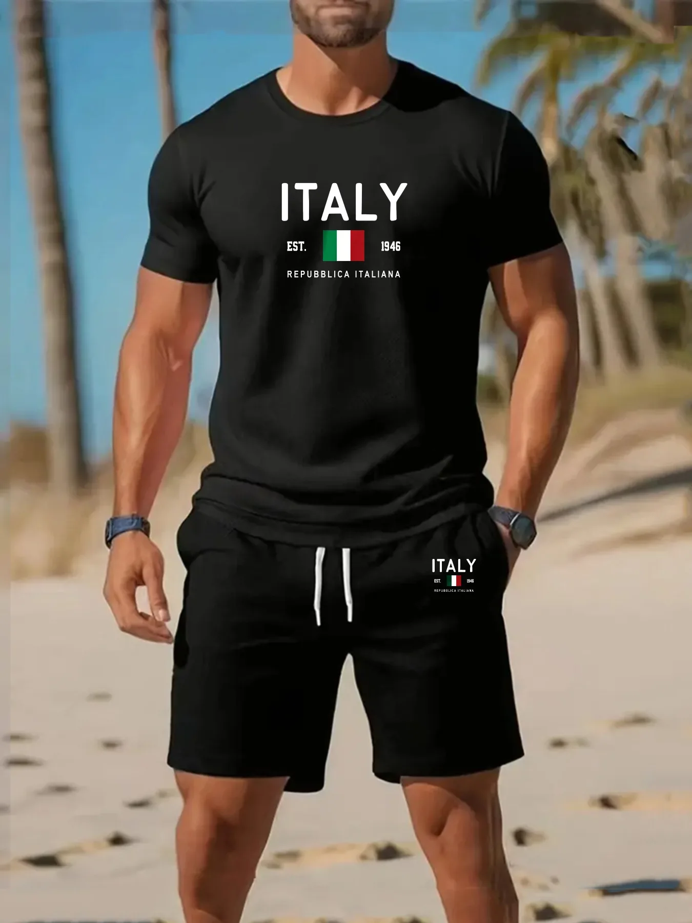 

2026 Summer New Men's Black Italy Flag Print Casual Shorts Y2K Oversized Casual Suit Suitable for Daily and Training Wear