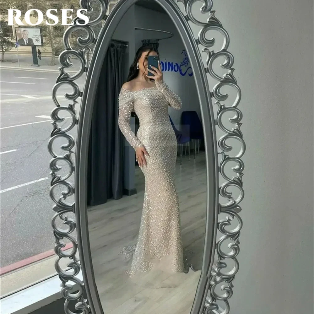 ROSES Ivory Off Shoulder Prom Dress Sequin Shiny Gorgeous Party Dresses Sheath Long Sleeves Popular Mermaid Wedding Dress 프롬 드레스