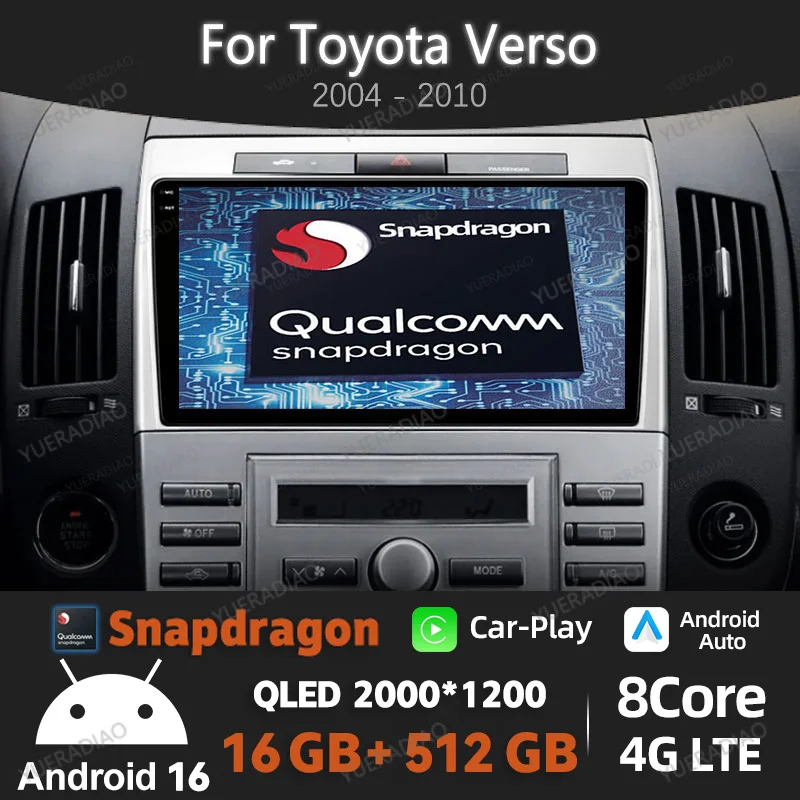 Android 16 Car Radio For Toyota Corolla Verso 2004 - 2009 Qualcomm 4G WIFI Multimedia Stereo Video Player GPS NAVI 2DIN QLED BT